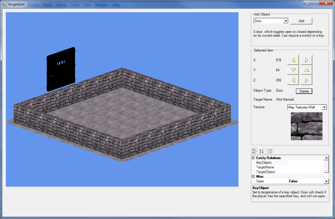 The first door The first door. The inspector in the UI shows I had started working on the
entity/trigger system of the game engine. At this point, items could tell other items what to
do (again inspired by Valve Hammer Editor), in this case causing the door object to toggle
open/closed.
