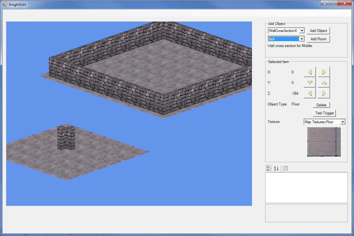 Room placement Added ability to place rooms. Rooms would be special in that only
the room you were standing in would render, and you would transition to other rooms when
walking into them. In this case, the second room doesn't yet have walls, but has a
cross-section wall piece.