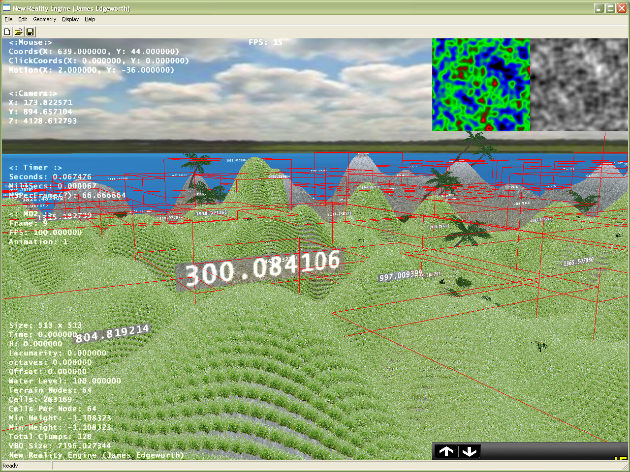 Foliage plotting Using this much grass certainly taxes the GPU, so here's an attempt to
solve the issue by using the Geo Mip-Mapping nodes to define how far away grass would be
visible. Without using fog, this just looked too obvious.