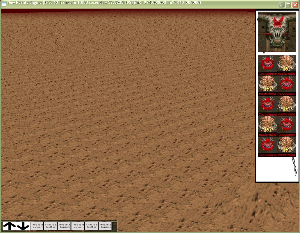 DoomRTS One of only a few surviving screenshots. In this case, we have the intended sidebar,
minimap area, and a few debug tools at the bottom. UI interaction was just based on click
coordinates.